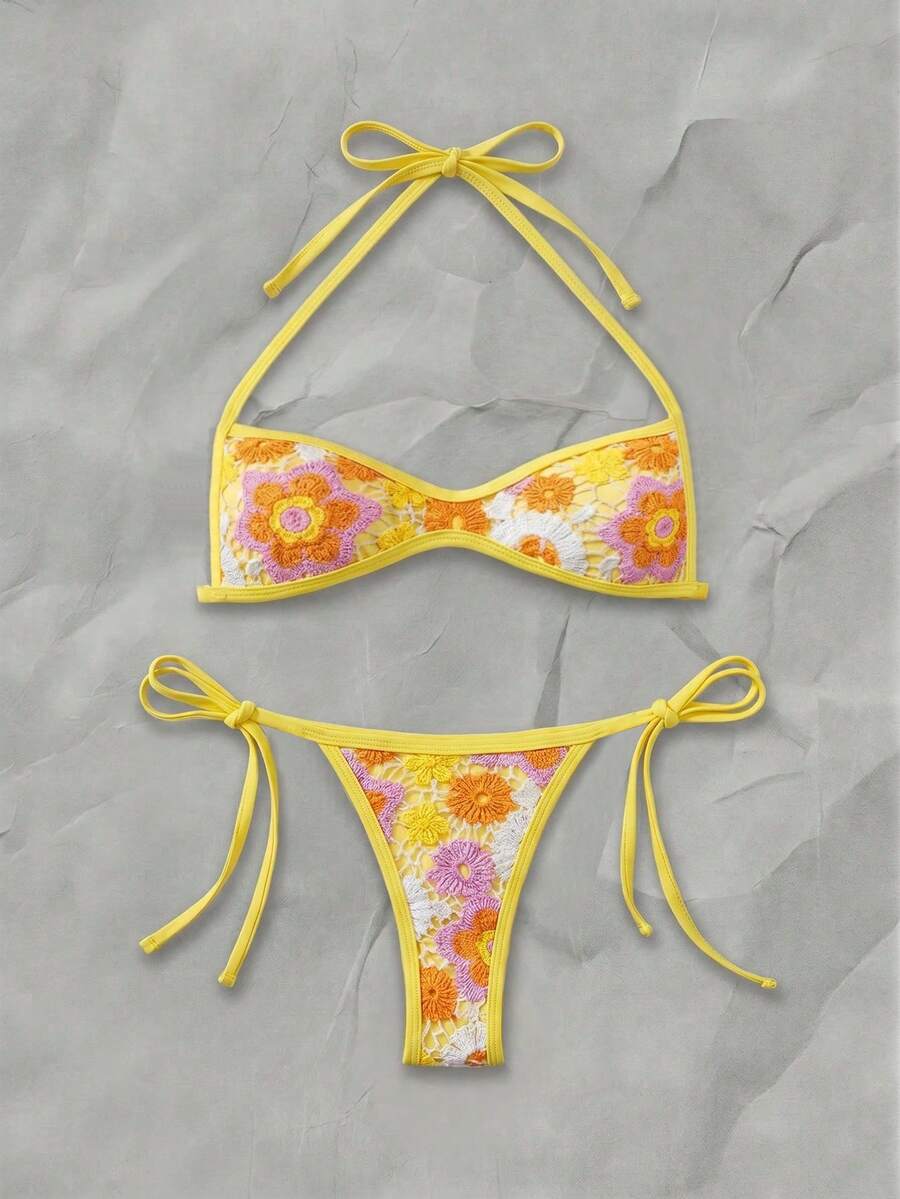 Apricot 2-piece sequin textured halter bikini set featuring a wireless top with lace-up backless ties and matching low-waist side-tie thong bottoms.