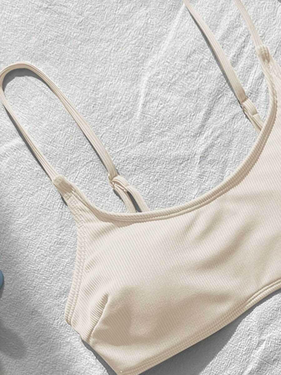 Apricot ribbed high waist two piece bikini swimsuit set for women featuring backless spaghetti strap top and high waisted bottoms.