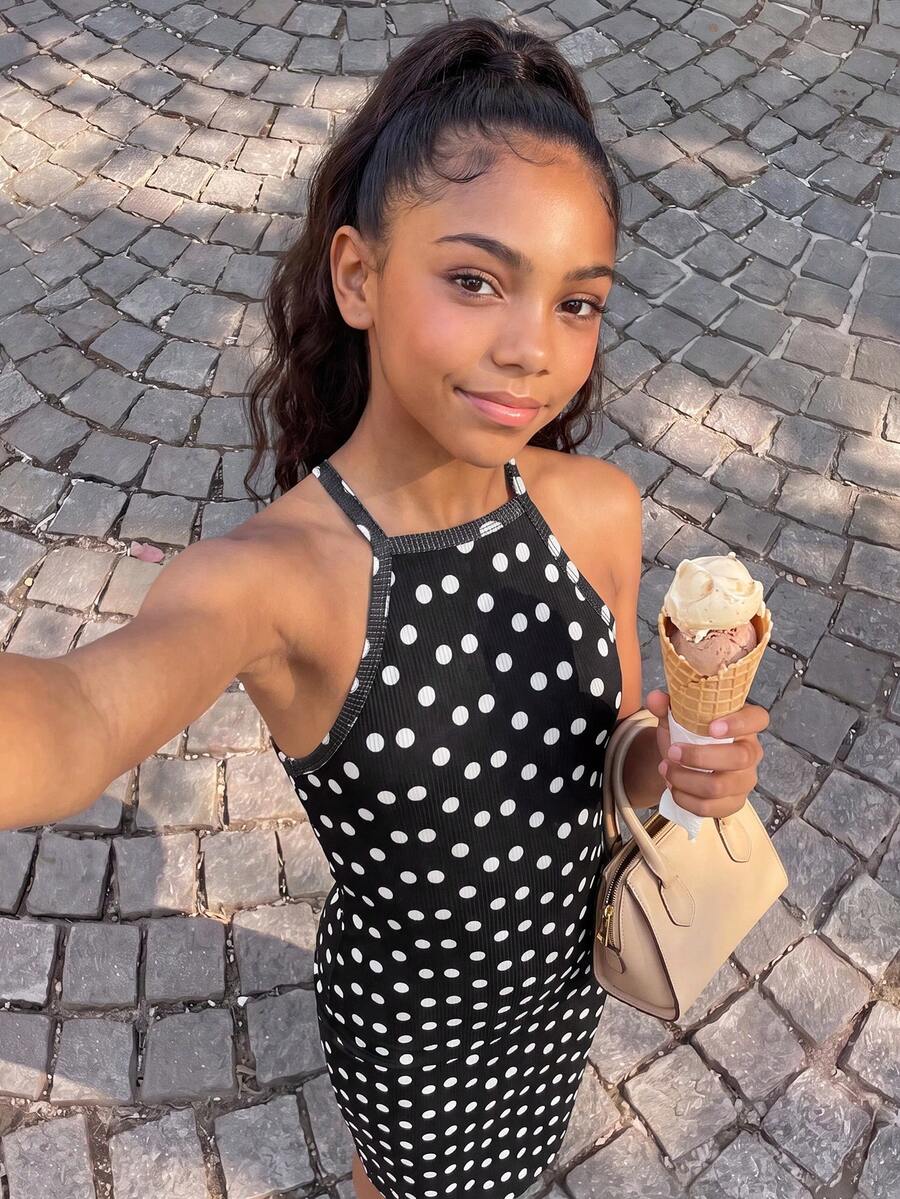 Tween girl black mini dress with halter neckline, backless design, tiered layer detail, high waist, flounce hem, and sleeveless slim fit.