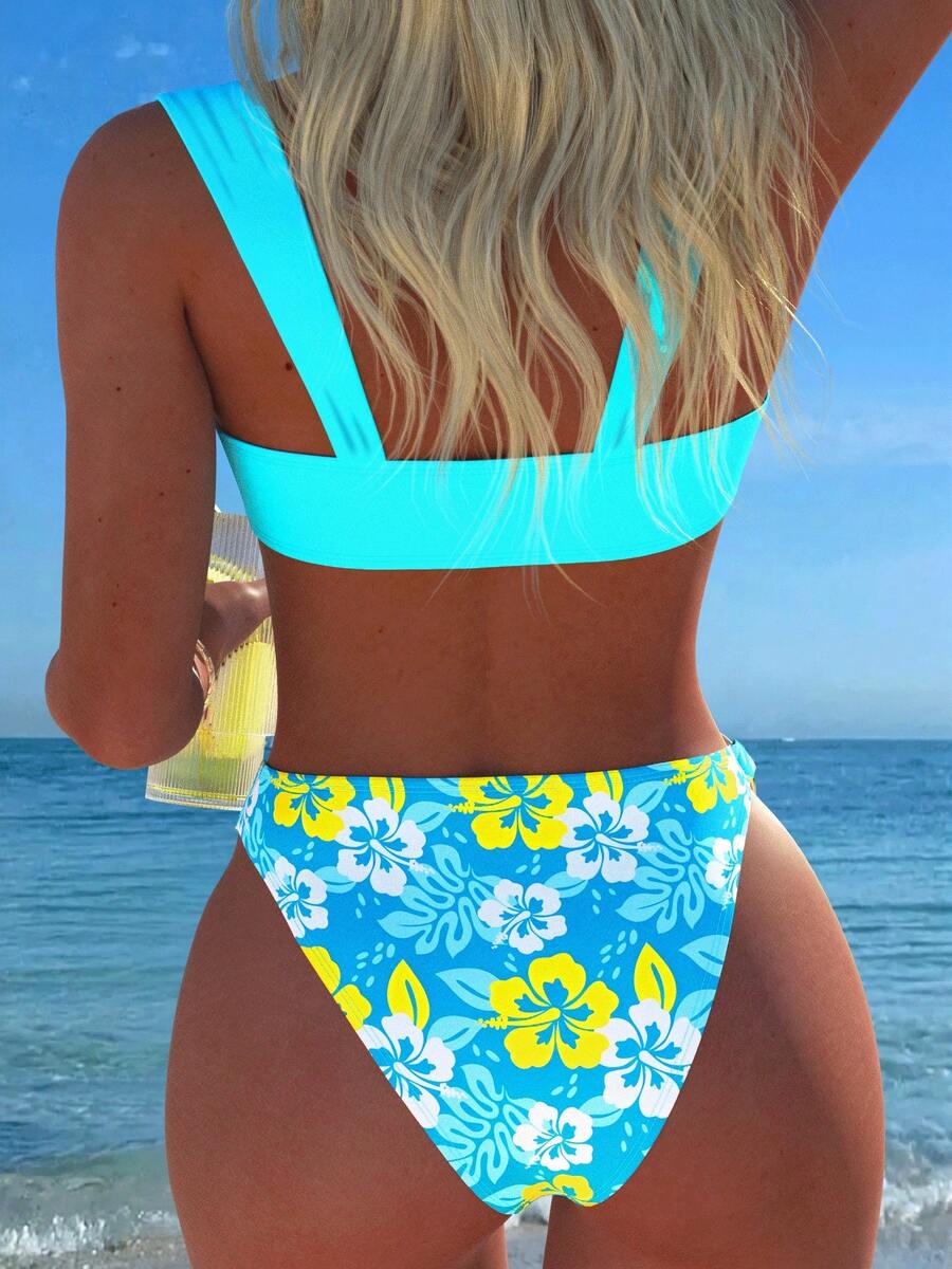 Baby blue floral print bikini set with ring strap detail and matching bikini bottoms.