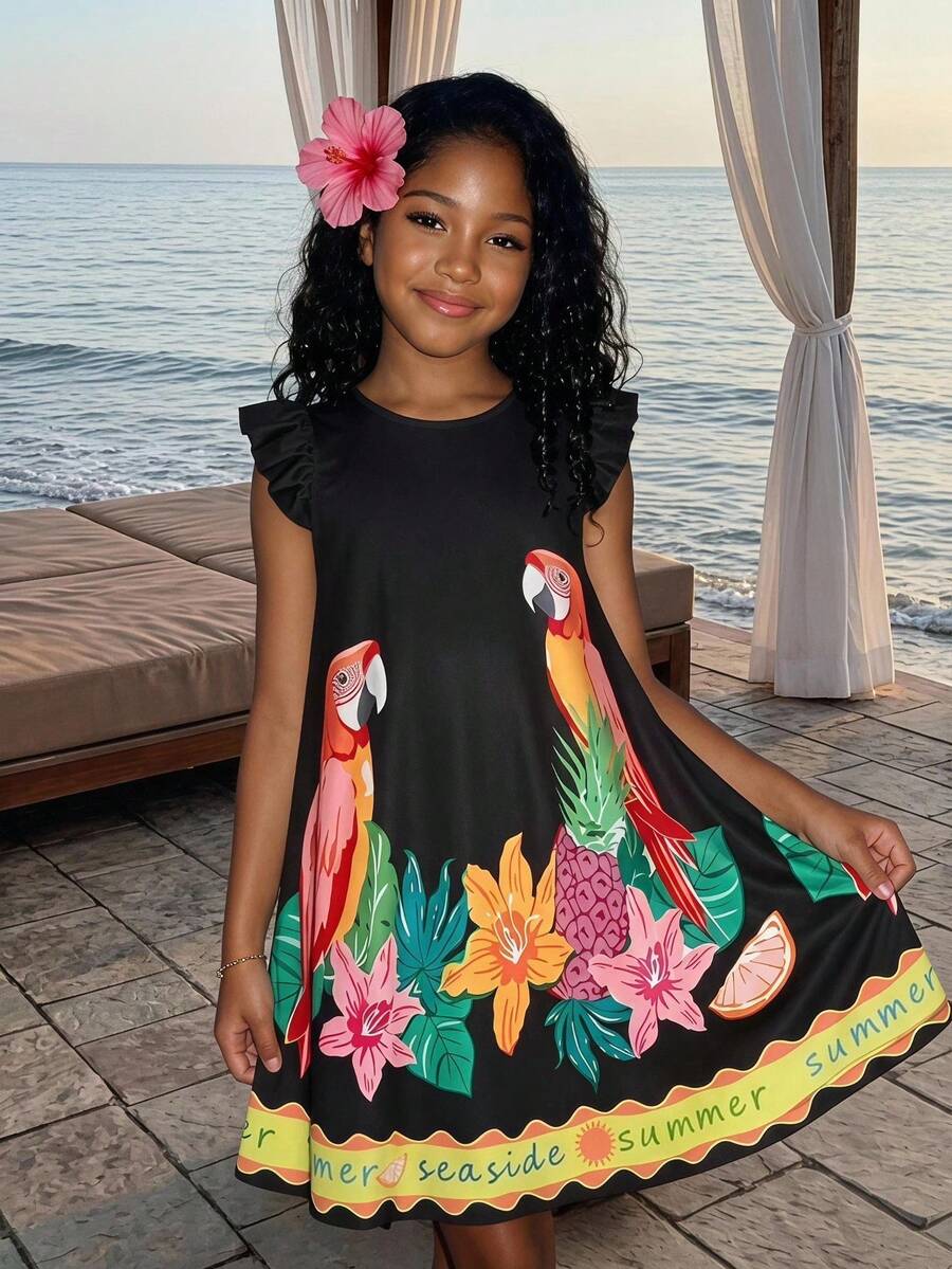 Tween girls sleeveless tropical floral mini dress in black with round neck and ruffle hem detail