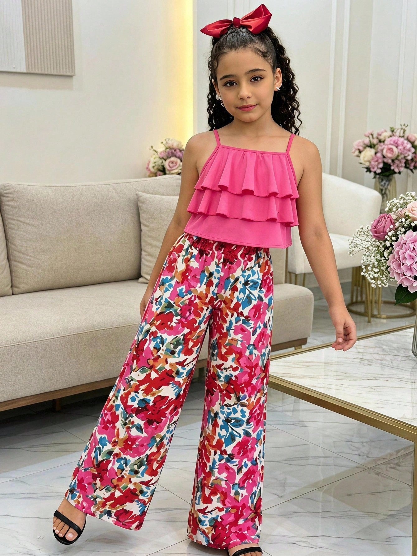 Tween girls blue 2-piece vacation outfit set featuring a tiered ruffle spaghetti strap camisole and loose high-waist pants.