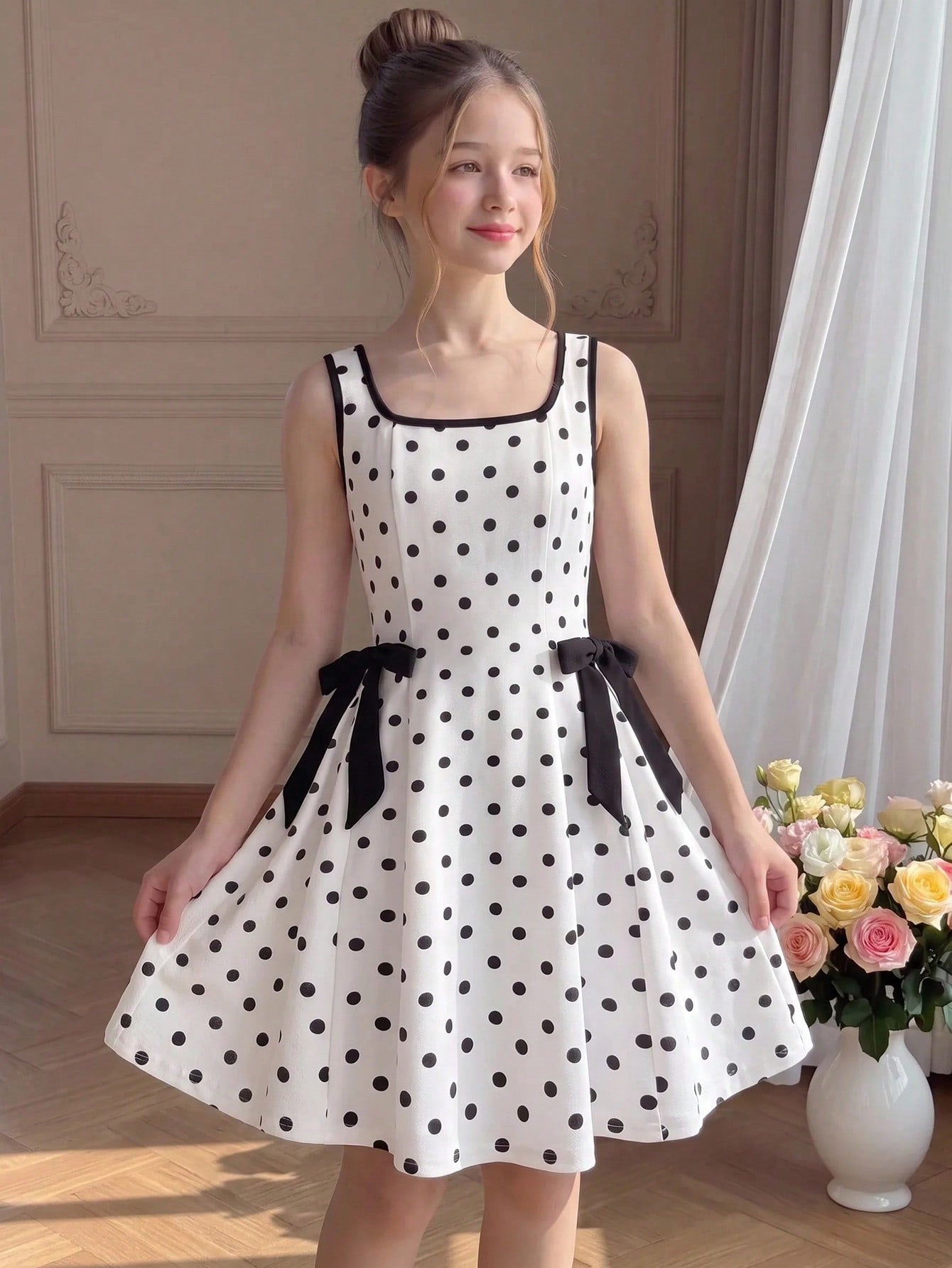 Black and white polka dot cami dress for tween girls featuring a square neckline, high waist, and flared short A-line hem.