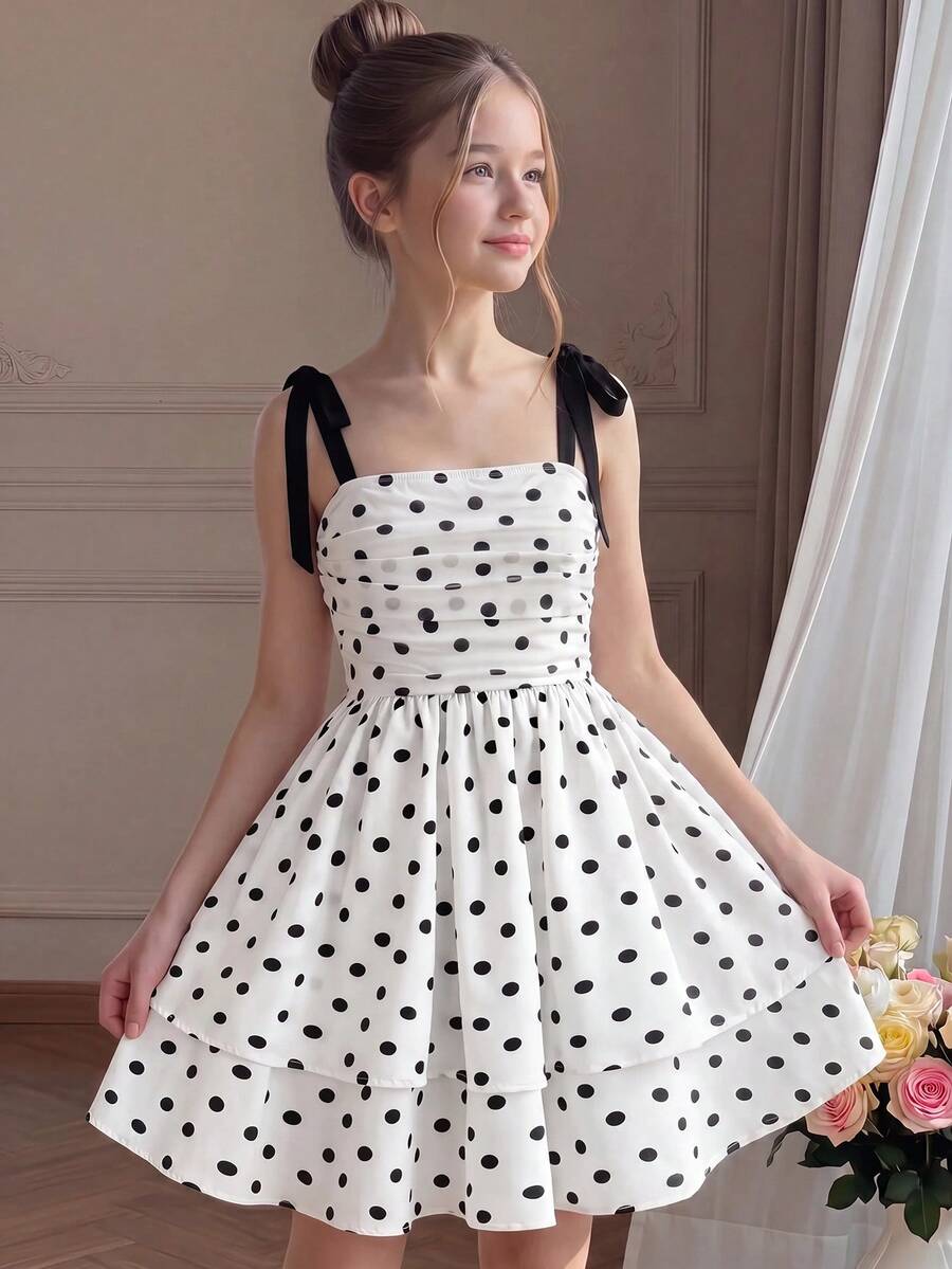 Black and white polka dot cami dress for tween girls featuring sleeveless straps, a shirred high waist, flared hem, and slim fit silhouette.