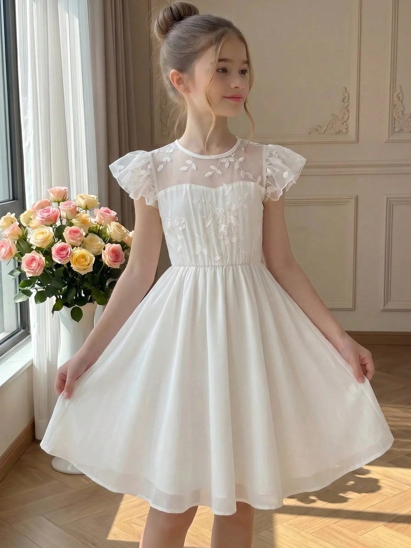 Tween girl wearing a black ditsy floral A-line short dress with V-neckline and flounce short sleeves.