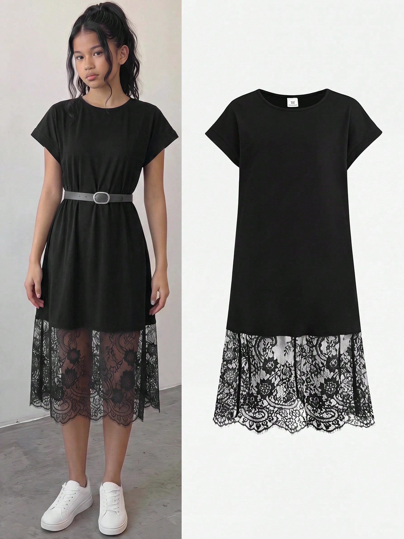 Tween girls casual black A-line long dress featuring short sleeves, a round neckline, and a decorative front bow with contrast lace trim.