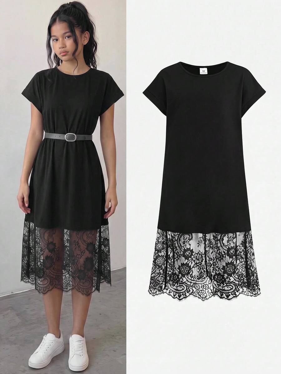 Tween girls casual black A-line long dress featuring short sleeves, a round neckline, and a decorative front bow with contrast lace trim.