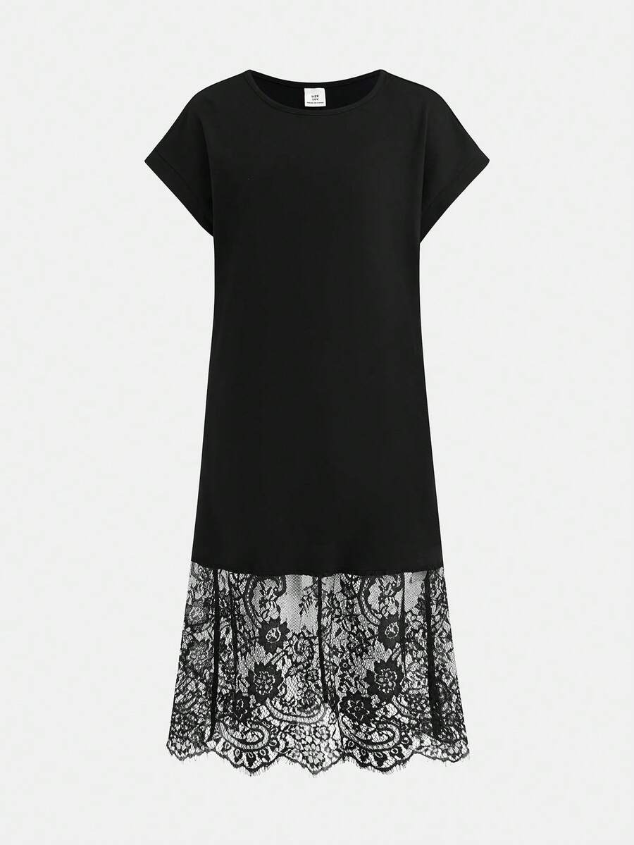 Tween girls casual black A-line long dress featuring short sleeves, a round neckline, and a decorative front bow with contrast lace trim.