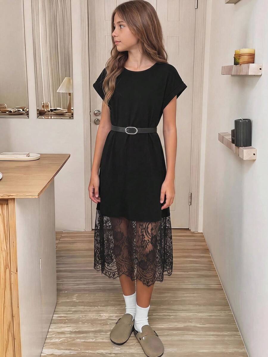 Tween girls casual black A-line long dress featuring short sleeves, a round neckline, and a decorative front bow with contrast lace trim.