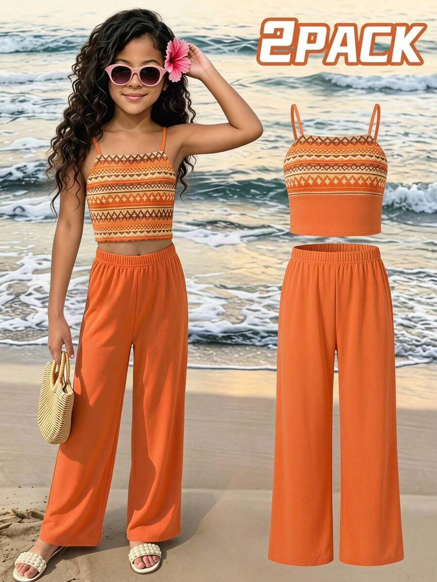 Tween girls casual 2-piece set featuring an apricot woven camisole crop top with back shirring and matching high-waisted loose long pants.