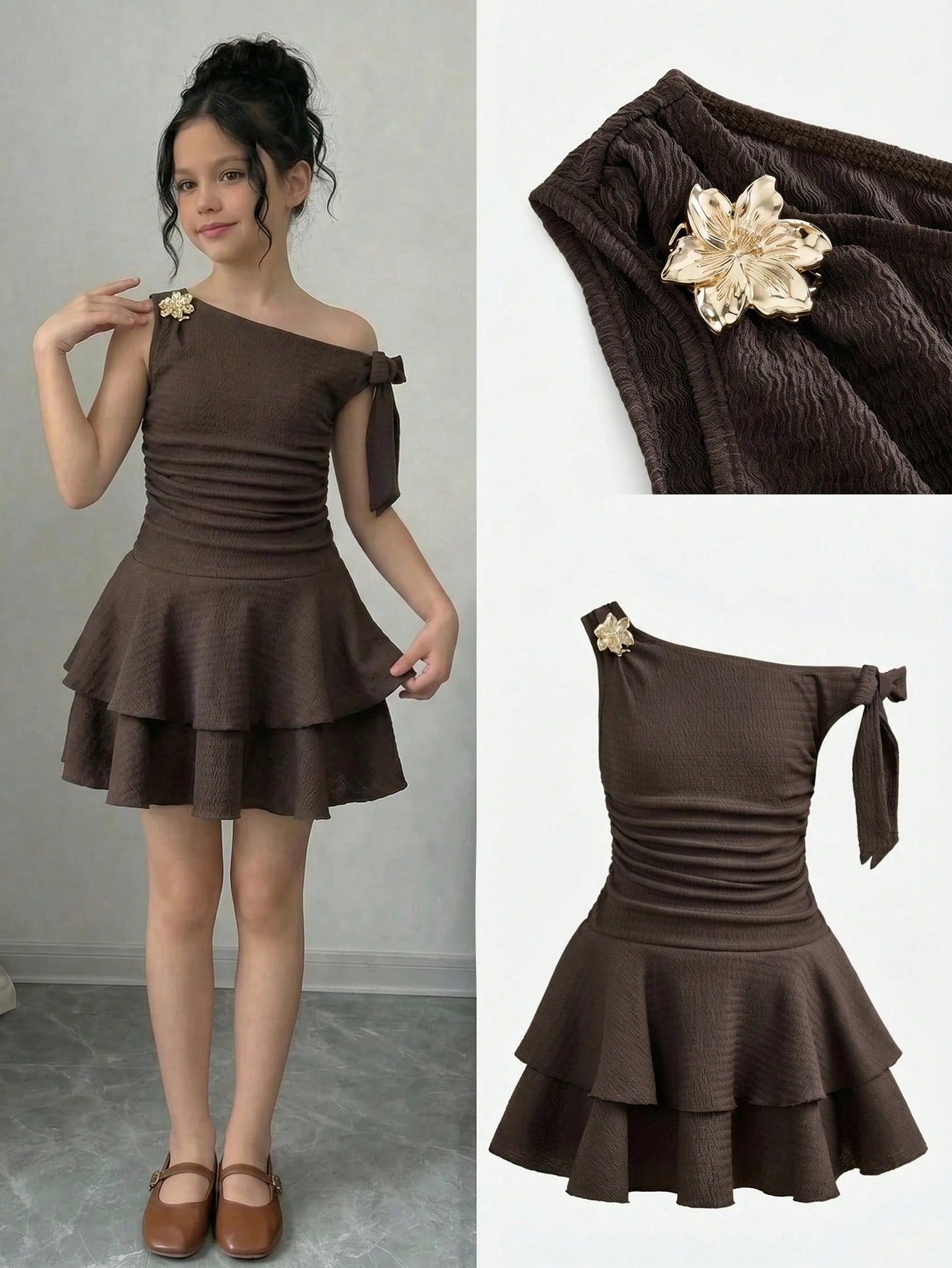 Tween girl wearing an apricot asymmetric skater dress with ruffle and applique details for party and formal occasions.