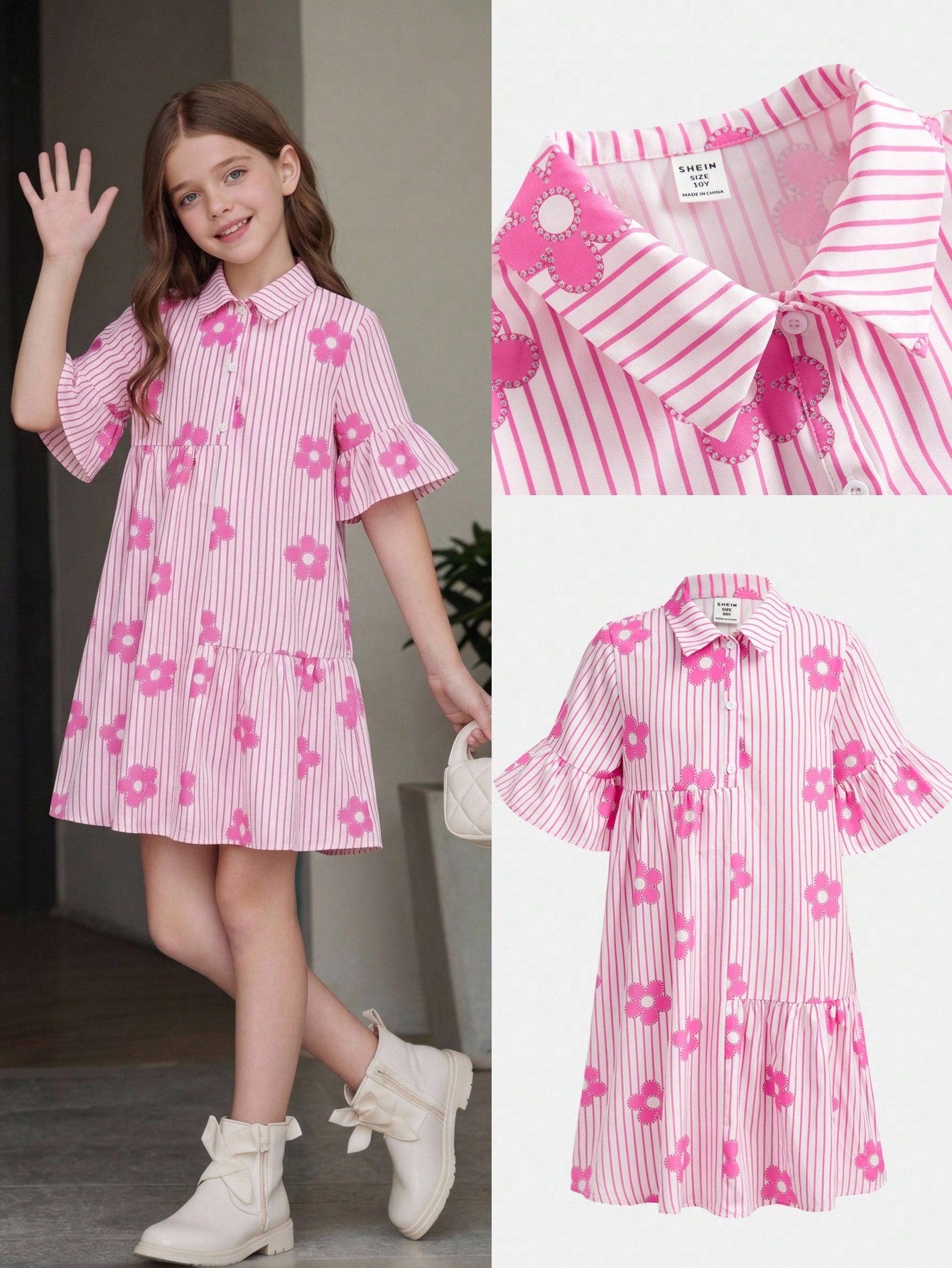 Tween girl wearing a black striped smock shirt dress with flounce half sleeves, a stand collar, and a ruffled hem.