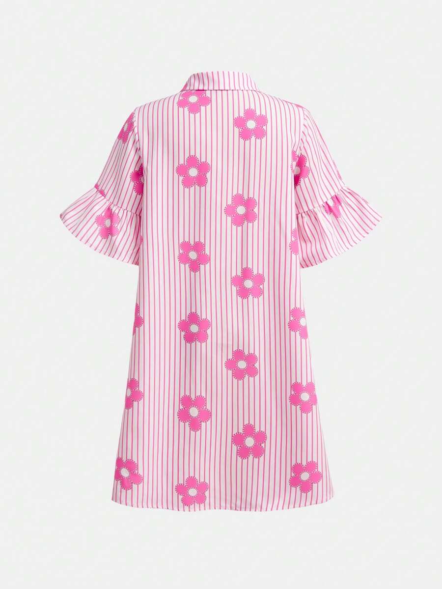 Tween girl wearing a black striped smock shirt dress with flounce half sleeves, a stand collar, and a ruffled hem.