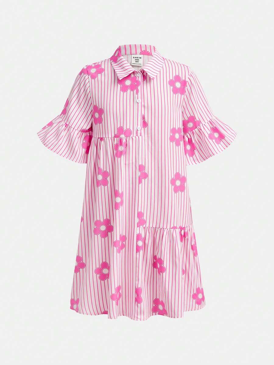Tween girl wearing a black striped smock shirt dress with flounce half sleeves, a stand collar, and a ruffled hem.