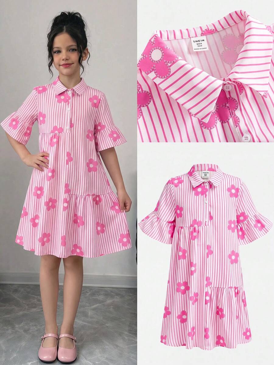 Tween girl wearing a black striped smock shirt dress with flounce half sleeves, a stand collar, and a ruffled hem.