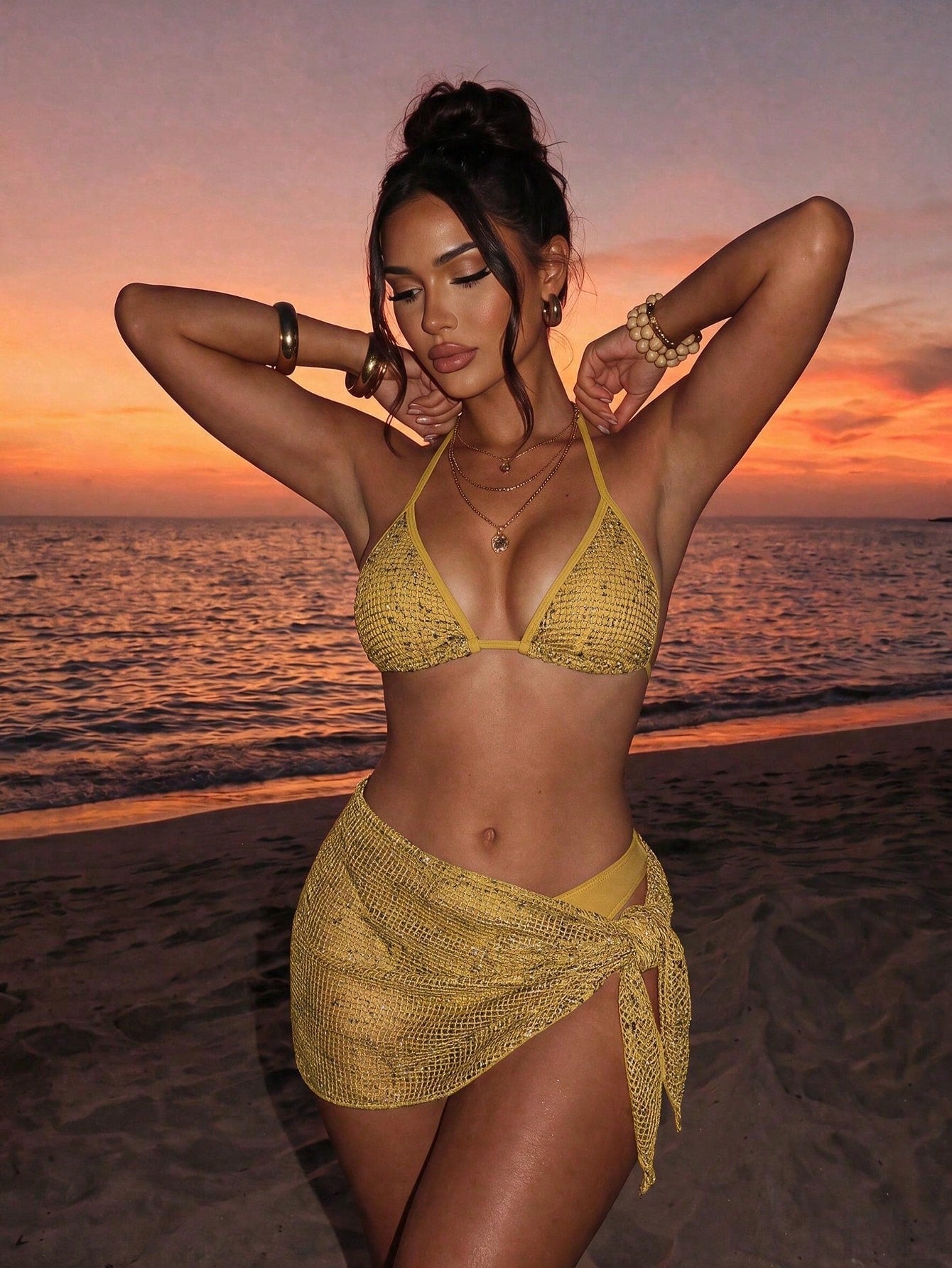Women's 3-piece net fabric swimsuit set featuring a plain triangle bikini top with spaghetti straps, high-waisted high-cut bottoms, and a matching skirt with knot detail.