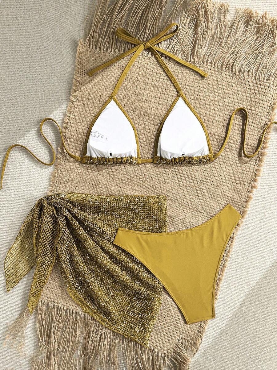 Women's 3-piece net fabric swimsuit set featuring a plain triangle bikini top with spaghetti straps, high-waisted high-cut bottoms, and a matching skirt with knot detail.