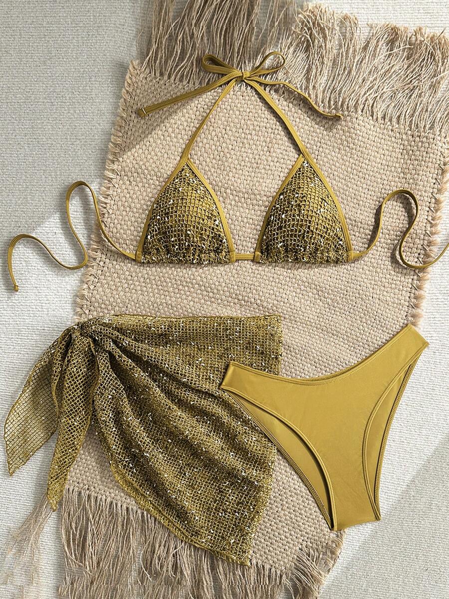 Women's 3-piece net fabric swimsuit set featuring a plain triangle bikini top with spaghetti straps, high-waisted high-cut bottoms, and a matching skirt with knot detail.