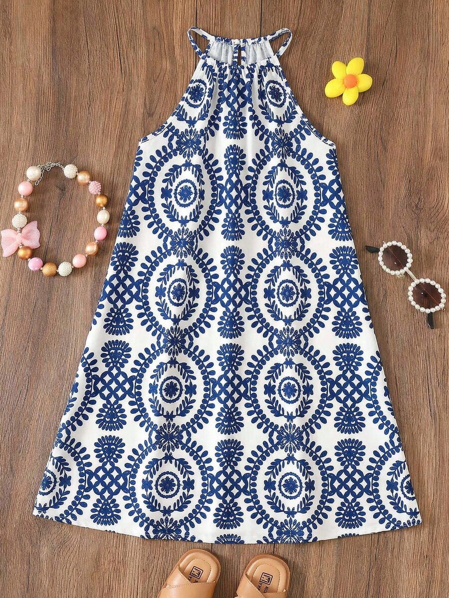 Tween girls floral halter A-line dress with contrast lace, applique and fringe details, sleeveless short length in polyester