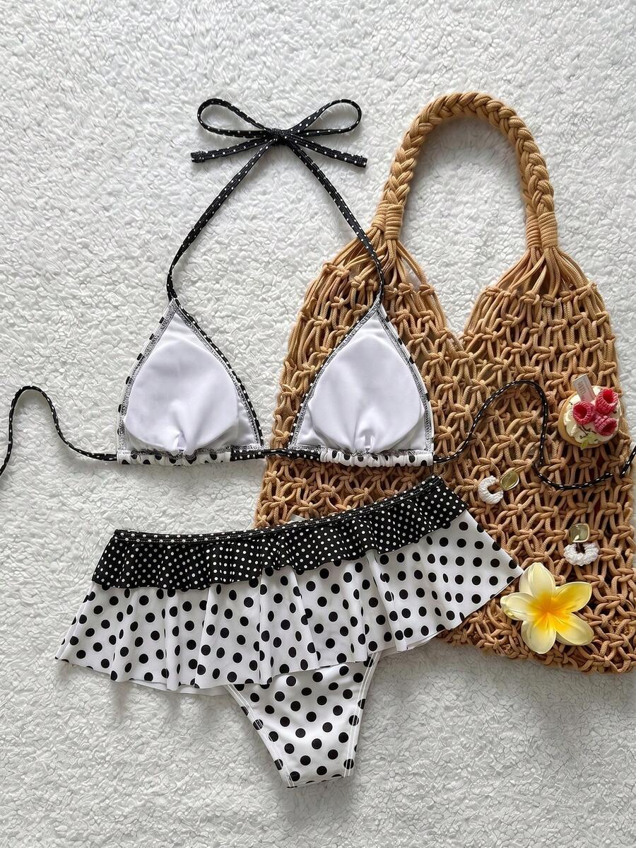 Women's ruffled halter two-piece bikini set with low waist bottoms and wireless triangle cups.