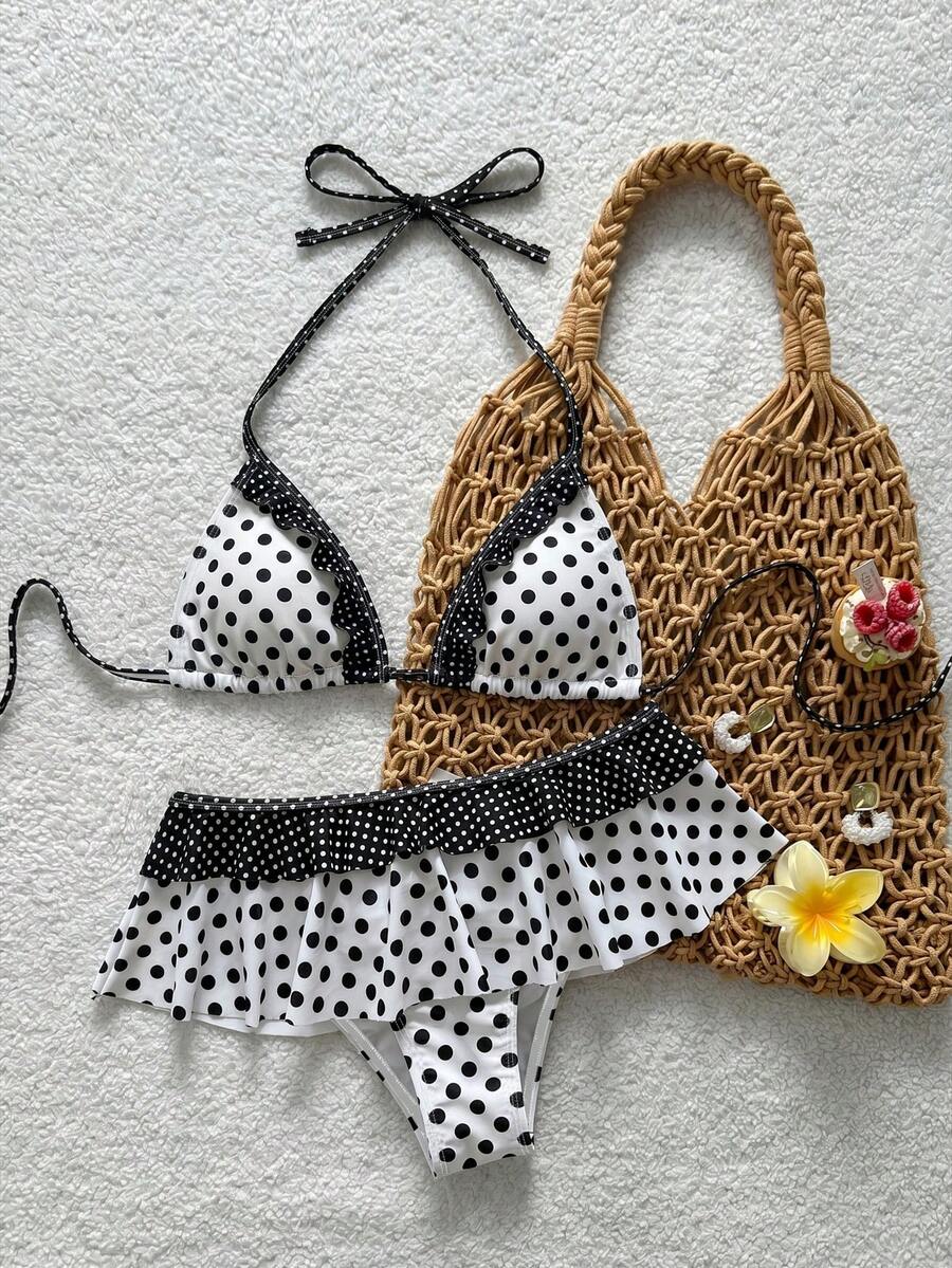 Women's ruffled halter two-piece bikini set with low waist bottoms and wireless triangle cups.