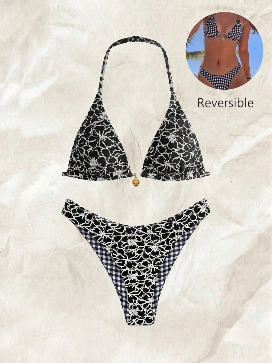 Women's black textured plaid 2-piece bikini set featuring a halter neckline, wireless triangle cups with removable padding, and mid-waist bottoms.