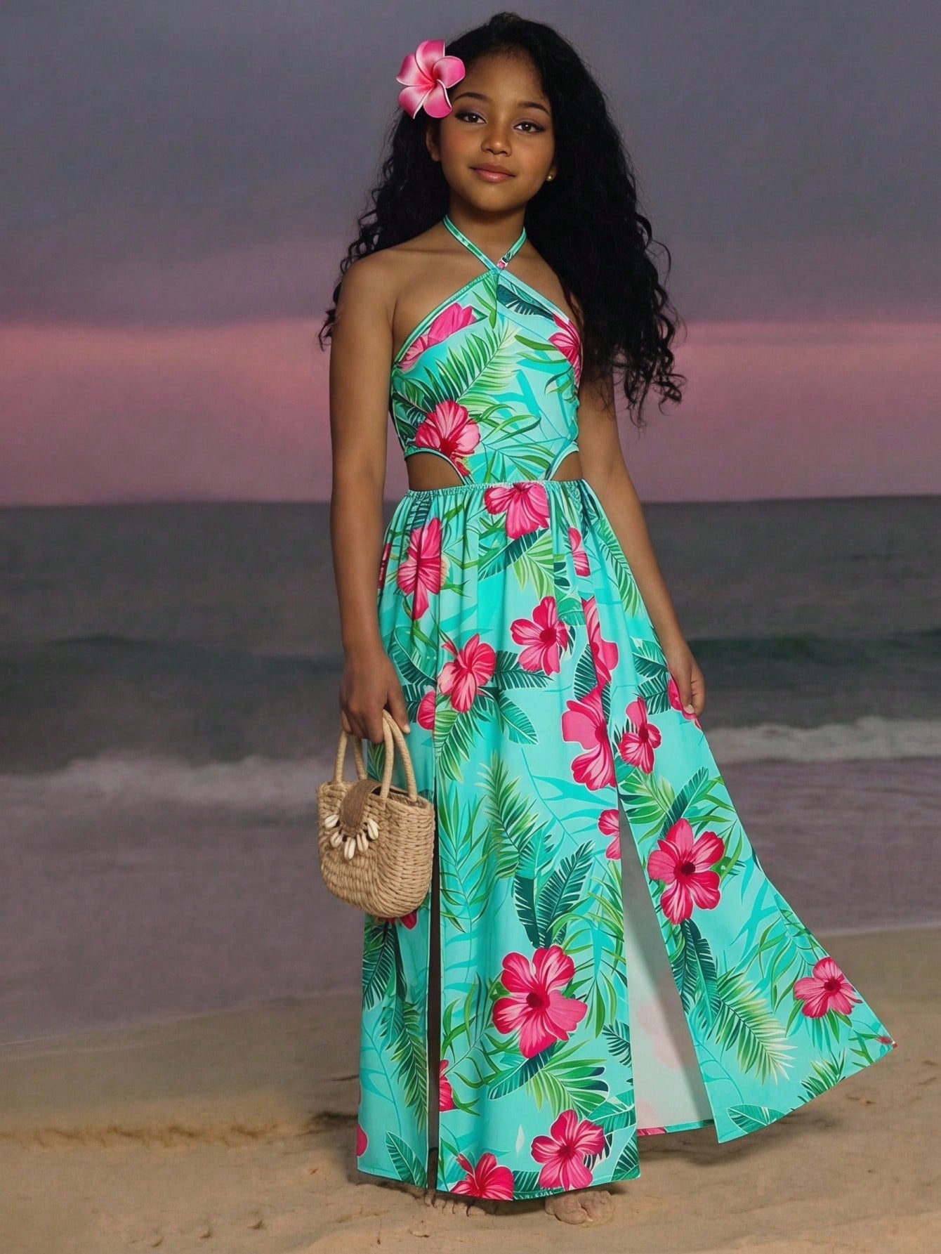 Tween girl yellow long halter dress with cutout waist, split detail, shirred textured fabric, sleeveless design, high waist, and flared hem for beach vacation wear.