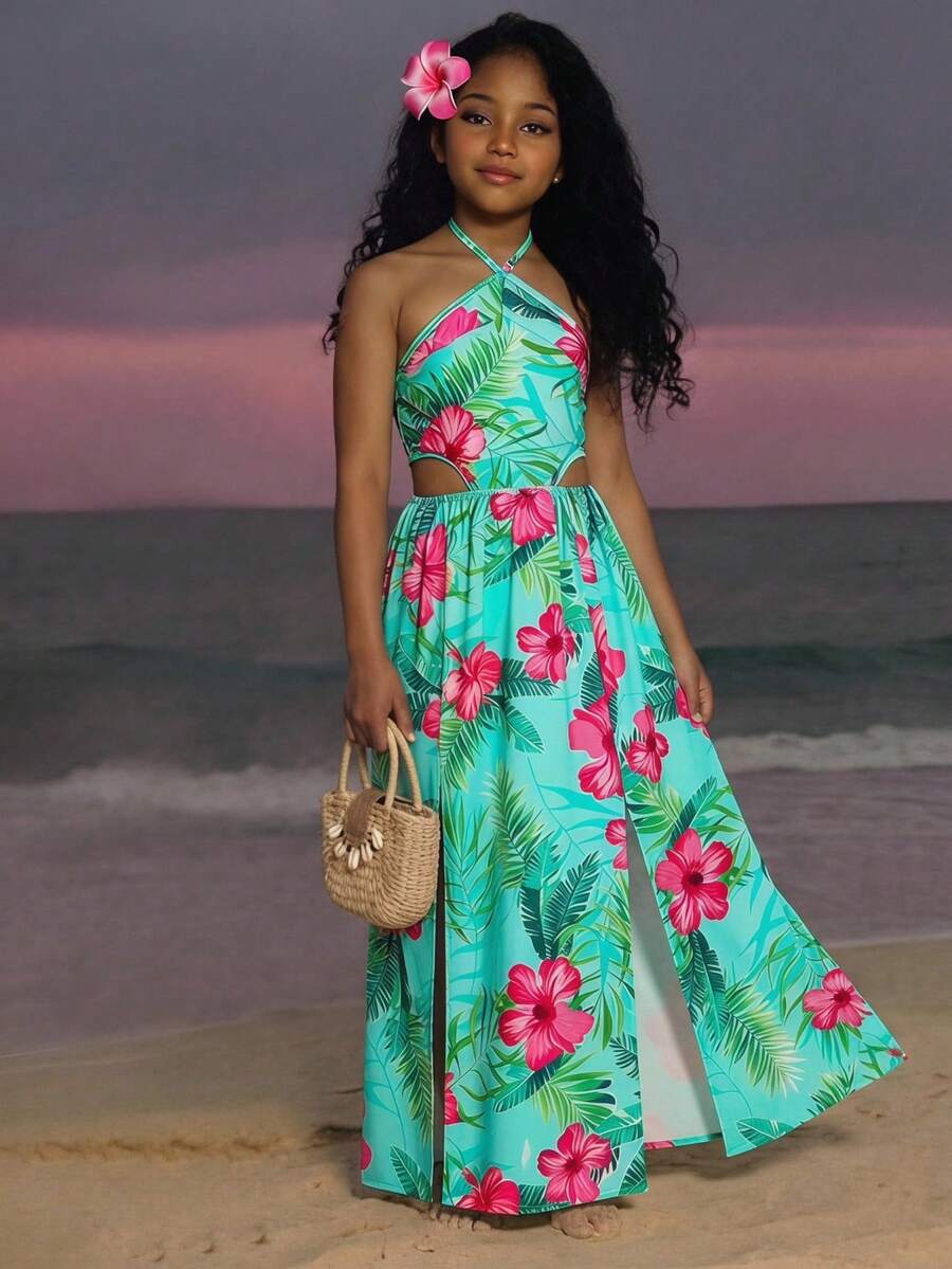 Tween girl yellow long halter dress with cutout waist, split detail, shirred textured fabric, sleeveless design, high waist, and flared hem for beach vacation wear.