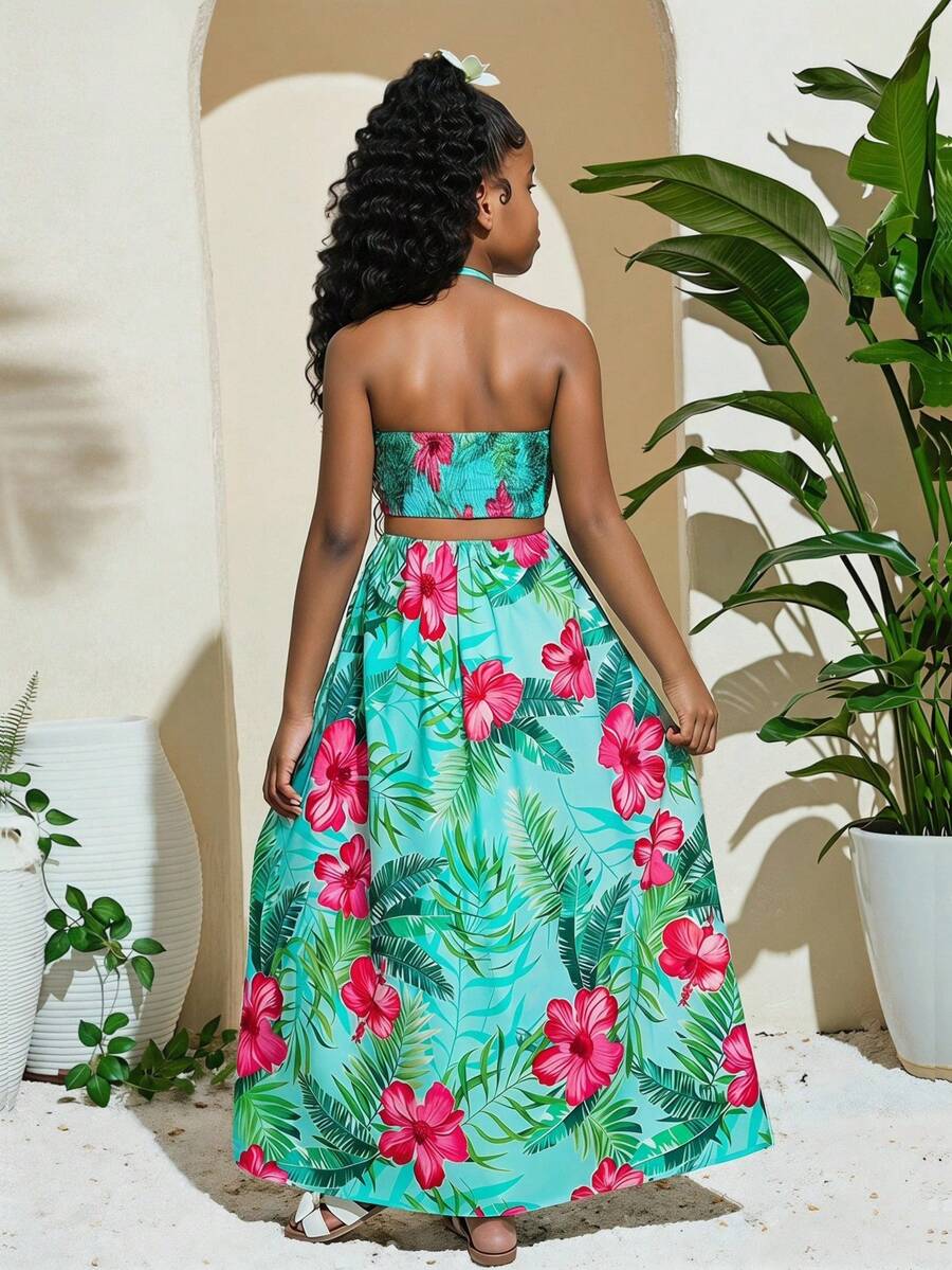 Tween girl yellow long halter dress with cutout waist, split detail, shirred textured fabric, sleeveless design, high waist, and flared hem for beach vacation wear.