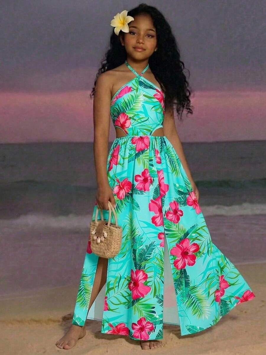 Tween girl yellow long halter dress with cutout waist, split detail, shirred textured fabric, sleeveless design, high waist, and flared hem for beach vacation wear.