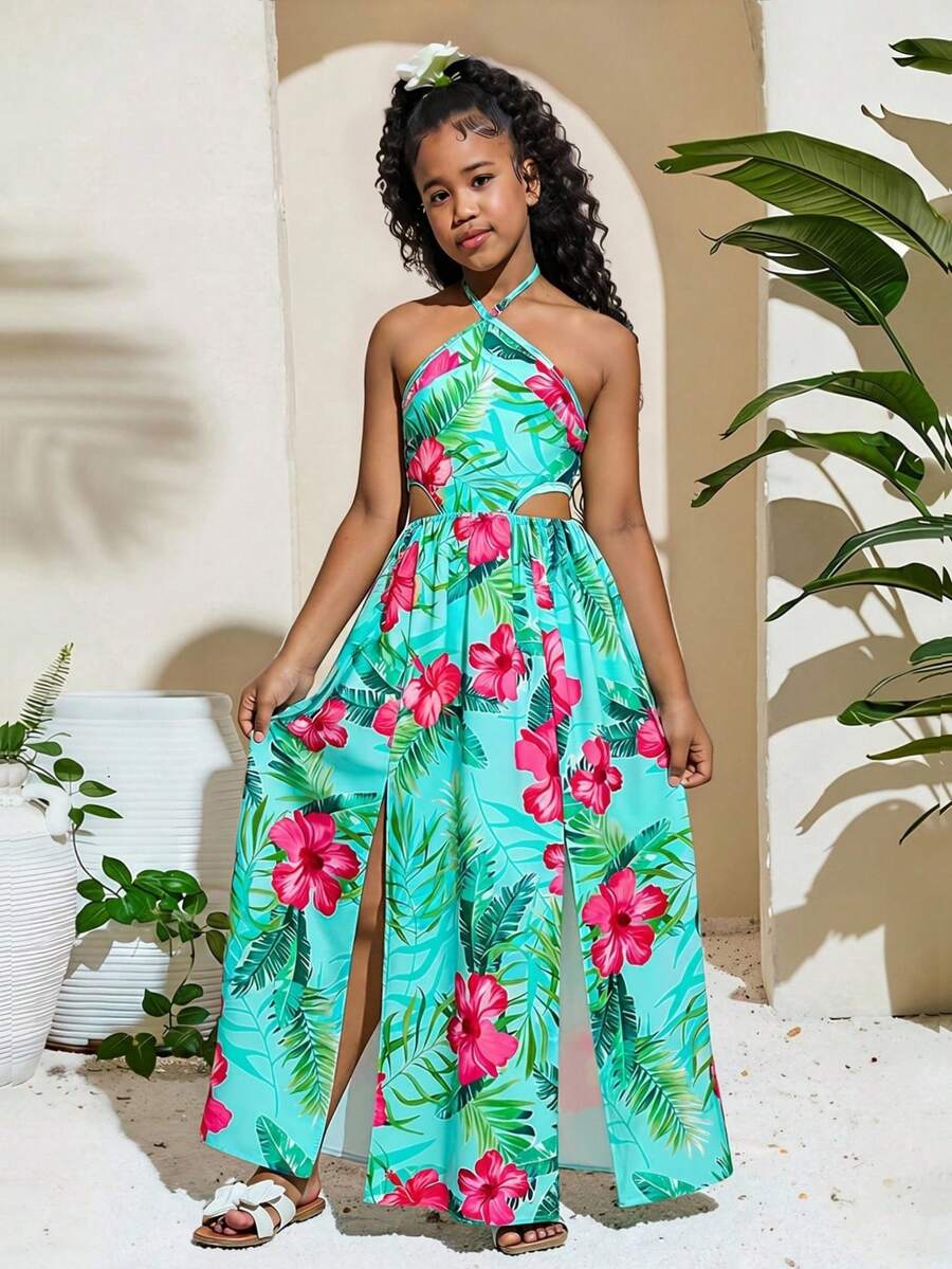 Tween girl yellow long halter dress with cutout waist, split detail, shirred textured fabric, sleeveless design, high waist, and flared hem for beach vacation wear.