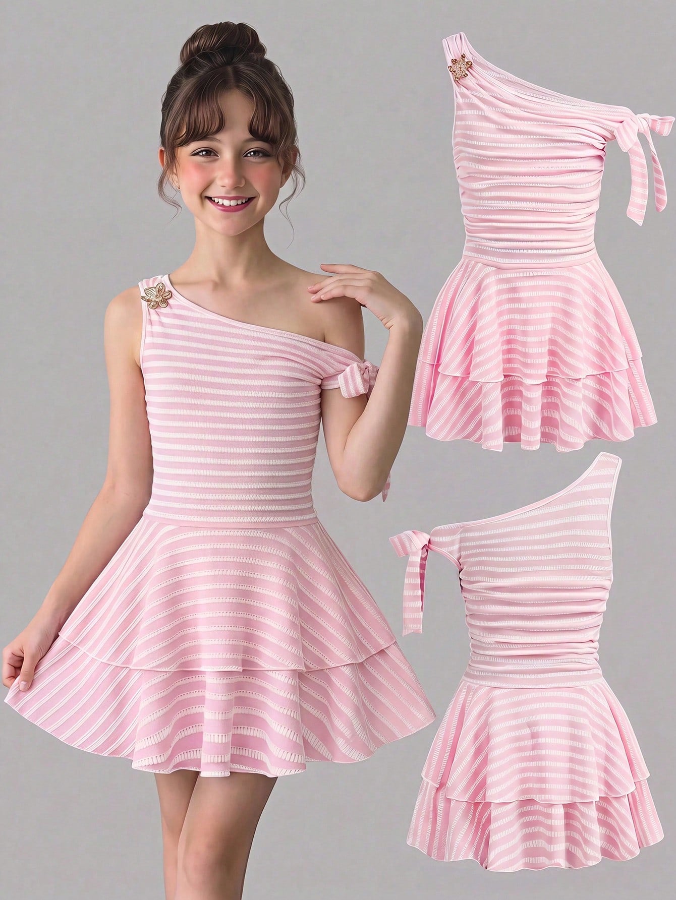 Tween girl wearing an apricot asymmetrical tiered sleeveless party dress with an A-line silhouette.