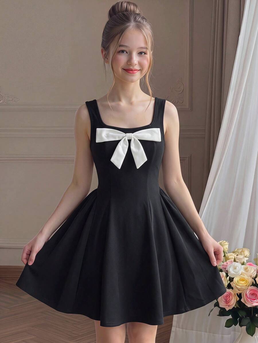 Apricot short-sleeve holiday party dress for tween girls featuring a square neckline, contrast lace details, high waist, flared A-line hem, and bowknot ruffle back detail.