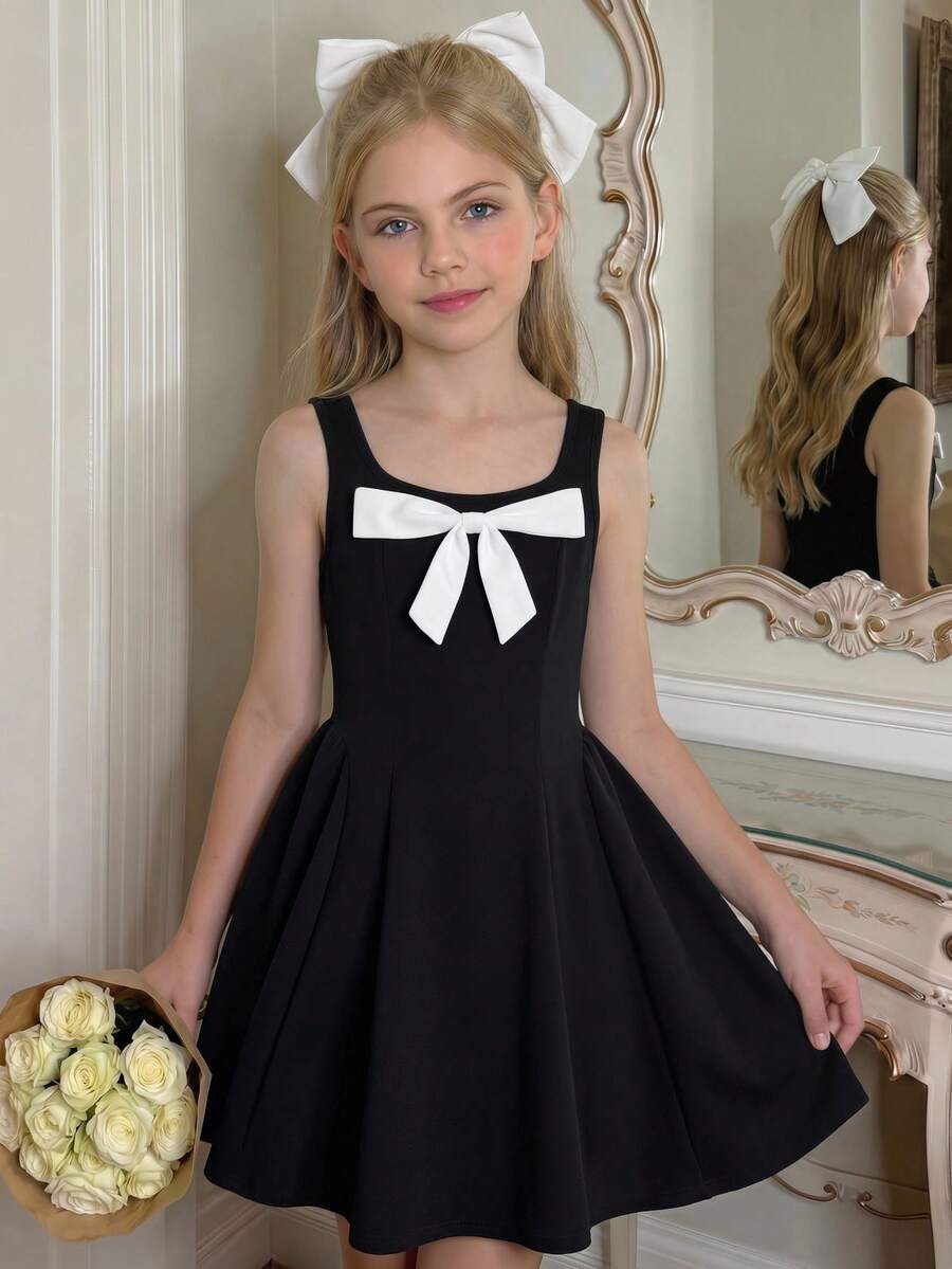Apricot short-sleeve holiday party dress for tween girls featuring a square neckline, contrast lace details, high waist, flared A-line hem, and bowknot ruffle back detail.