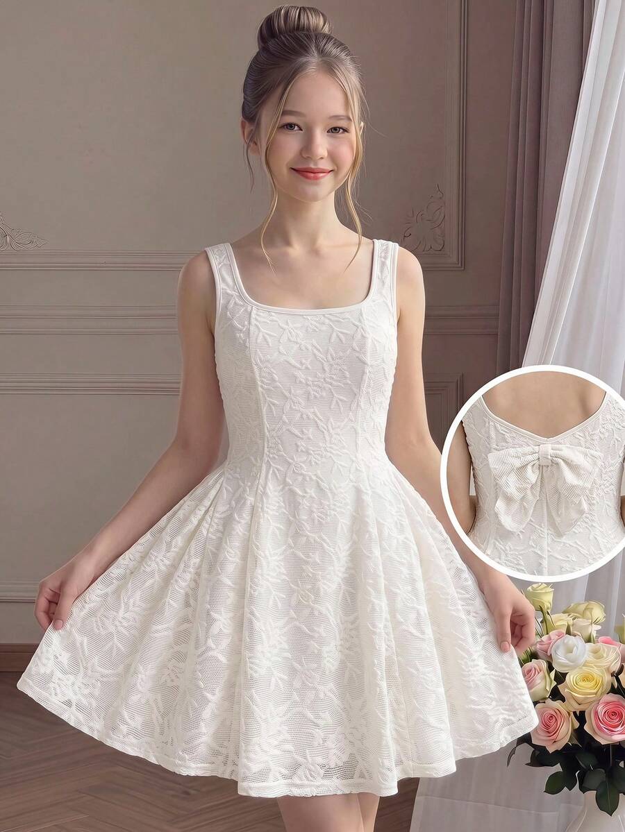 Apricot short-sleeve holiday party dress for tween girls featuring a square neckline, contrast lace details, high waist, flared A-line hem, and bowknot ruffle back detail.