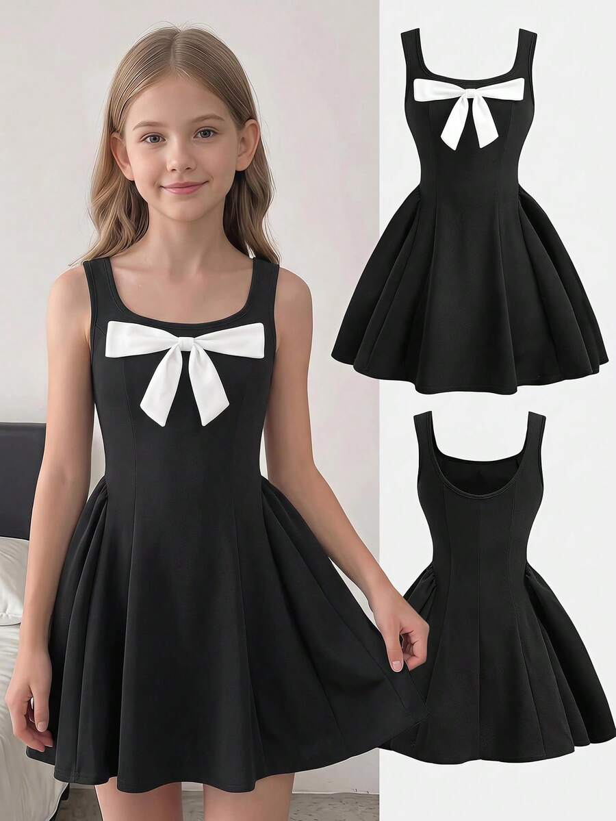 Apricot short-sleeve holiday party dress for tween girls featuring a square neckline, contrast lace details, high waist, flared A-line hem, and bowknot ruffle back detail.