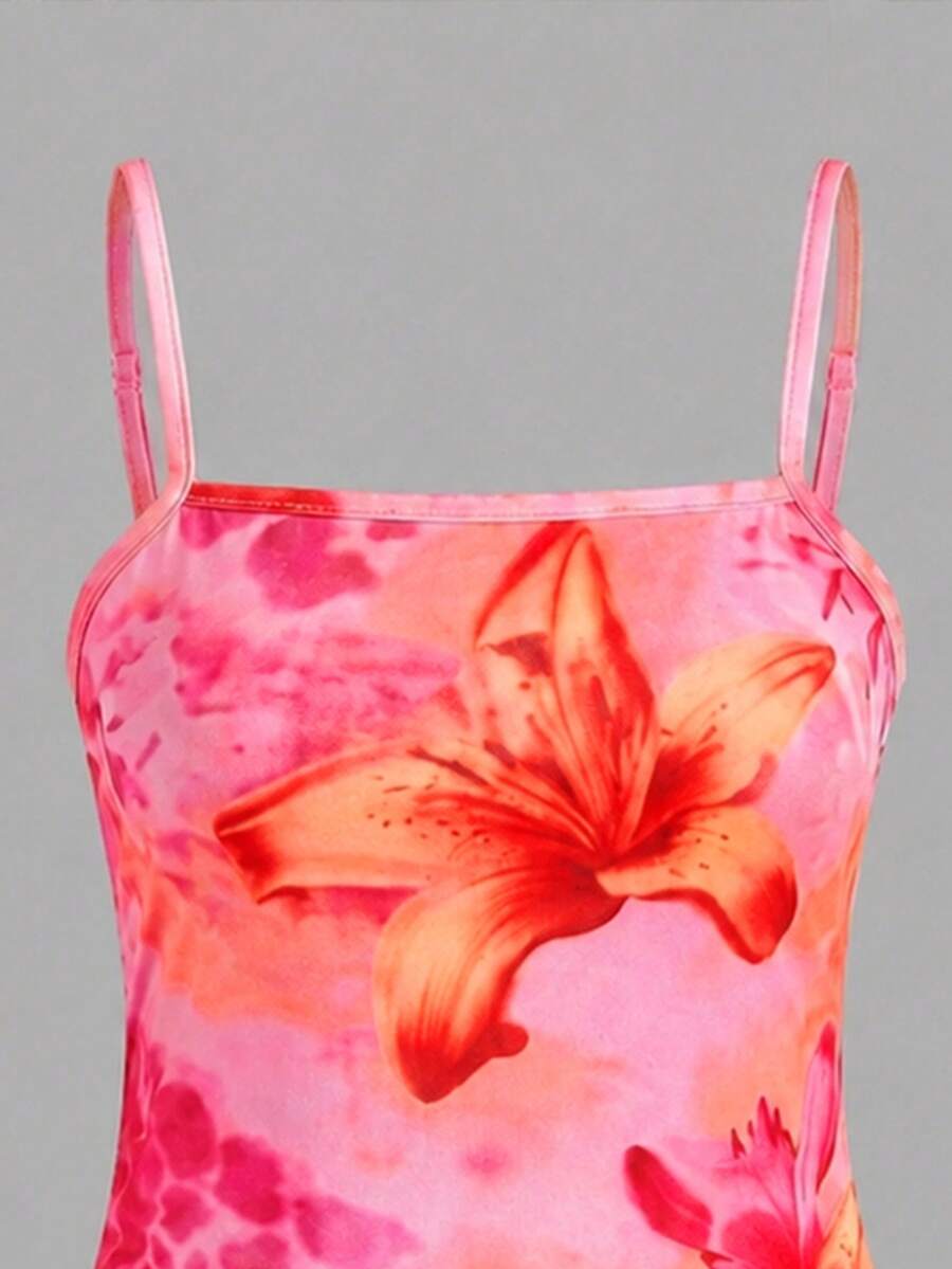 Tween girls multicolor floral vacation midi cami dress with spaghetti straps, sleeveless loose fit, natural waist, and pencil hem.