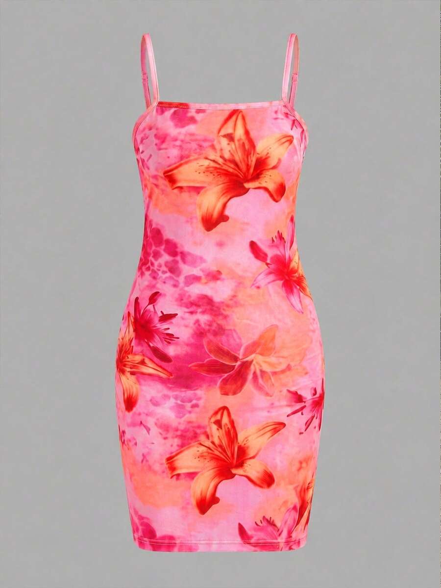 Tween girls multicolor floral midi cami dress with spaghetti straps, sleeveless design, loose fit, and vacation-inspired plant print.