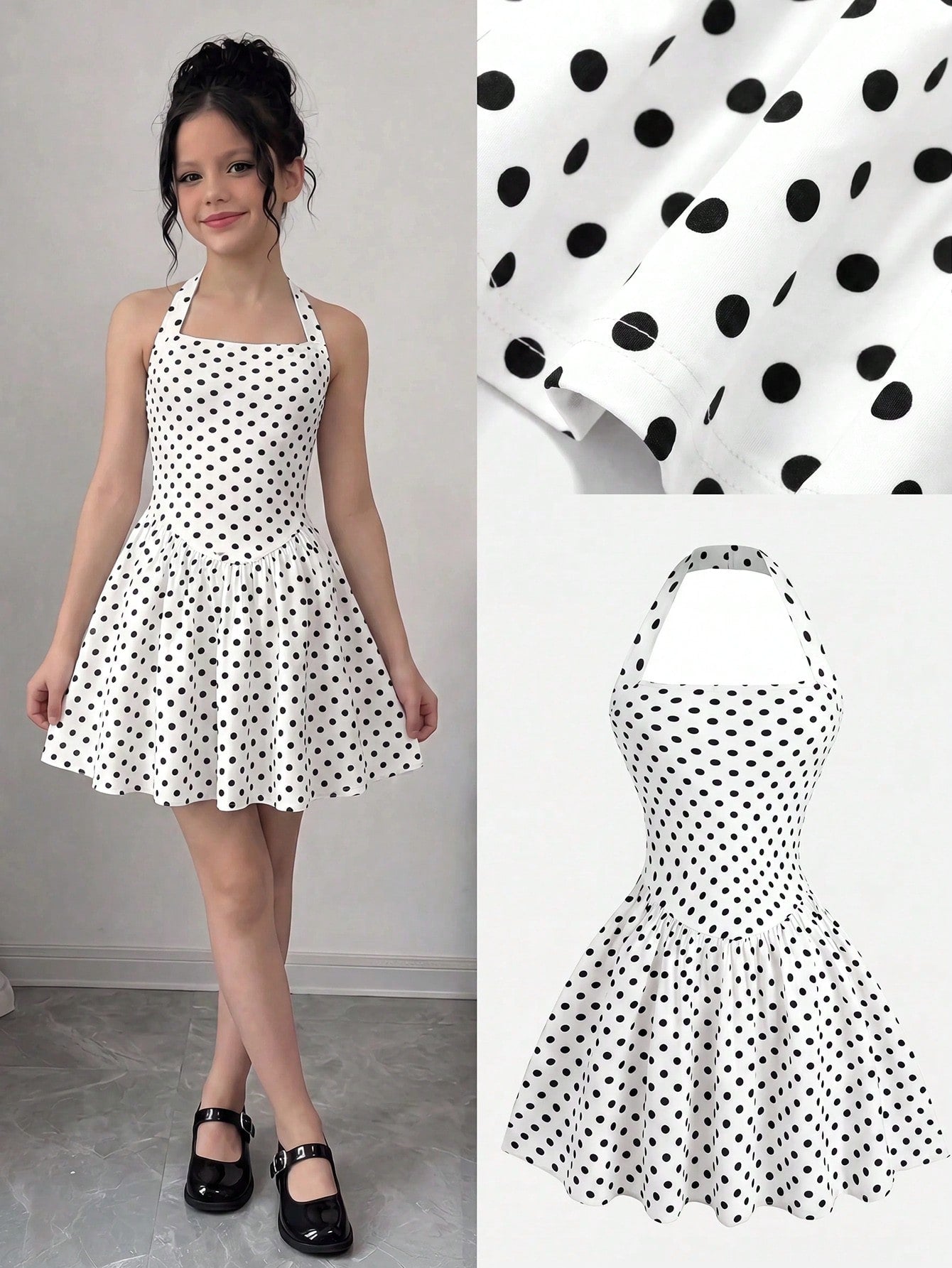 Black sleeveless halter polka dot mini dress for tween girls featuring a high waist and flared hem
