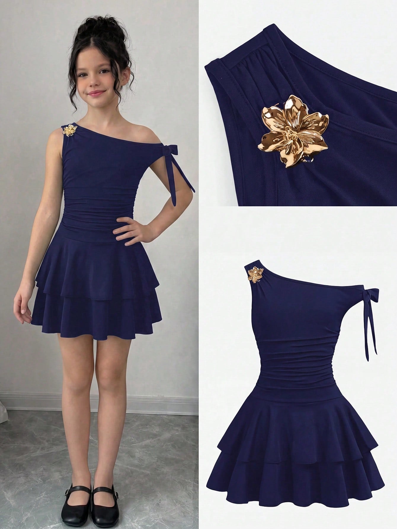 Tween girl wearing an apricot asymmetrical tiered sleeveless party dress with an A-line silhouette.