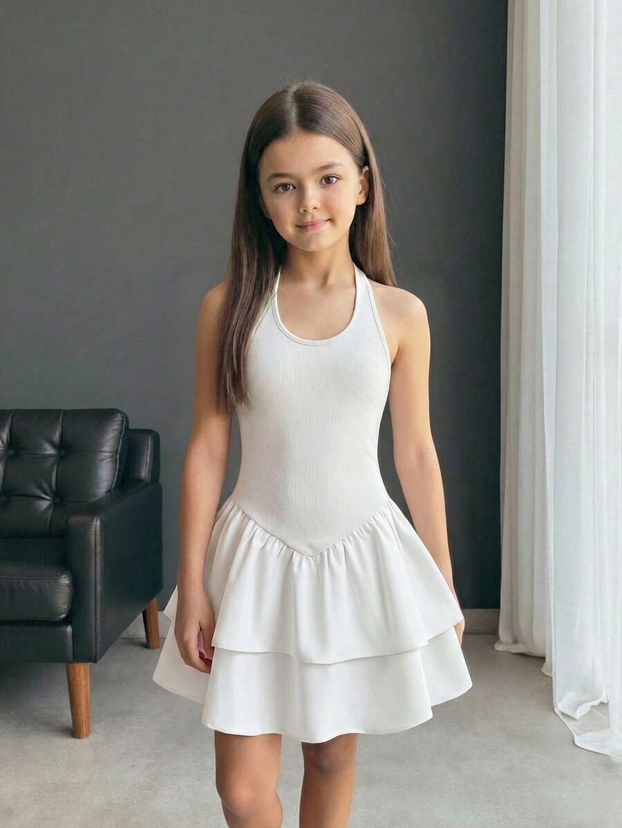 Black sleeveless halter polka dot mini dress for tween girls featuring a high waist and flared hem