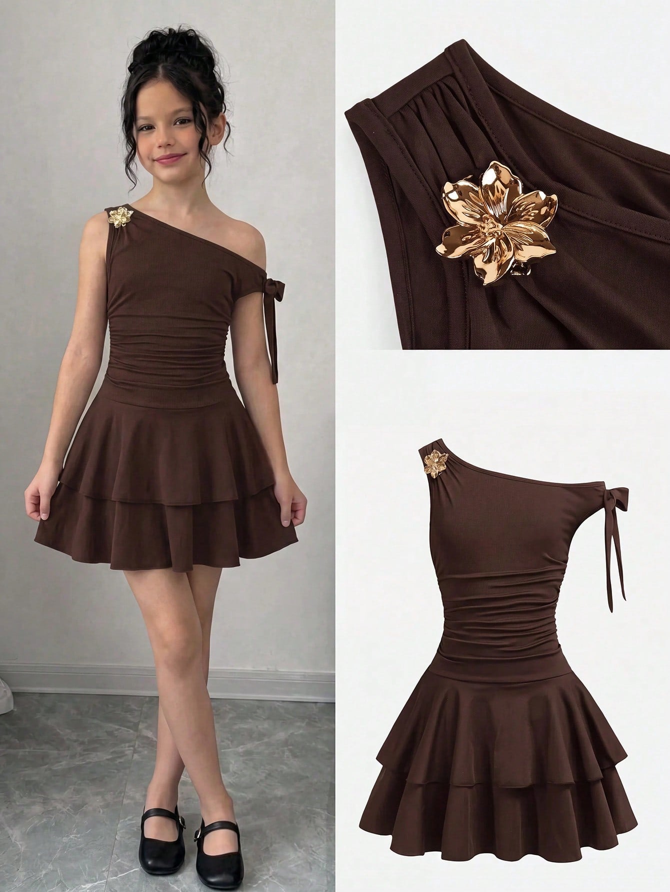 Tween girl wearing an apricot asymmetrical tiered sleeveless party dress with an A-line silhouette.