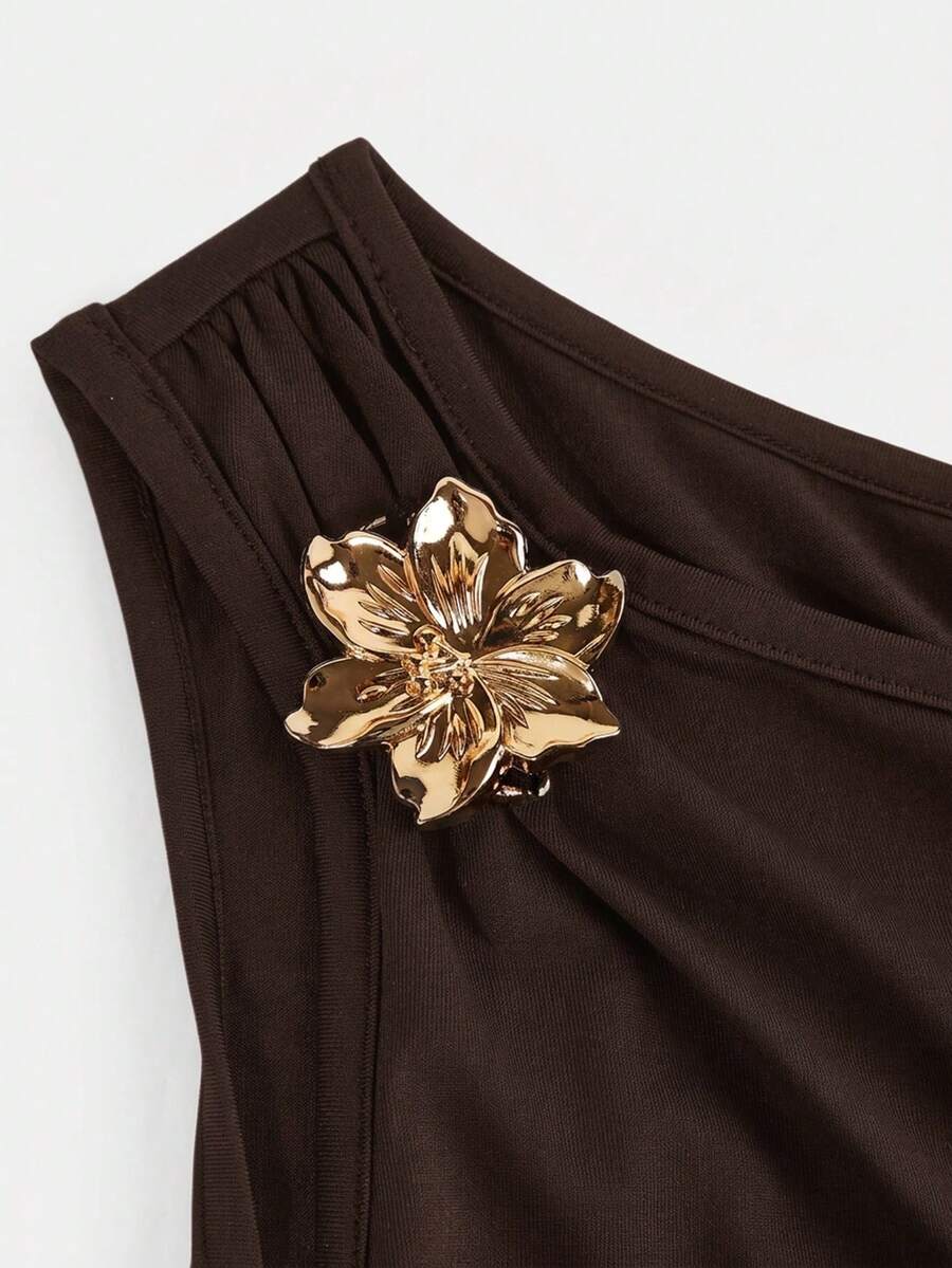 Tween girl wearing an apricot asymmetrical tiered sleeveless party dress with an A-line silhouette.