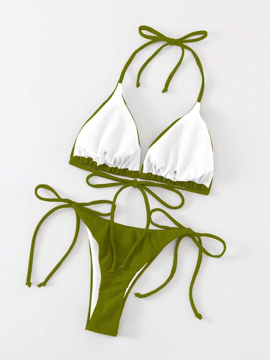 Apricot plain halter triangle bikini swimwear set with tie back top and low waist tie side thong bottom for women