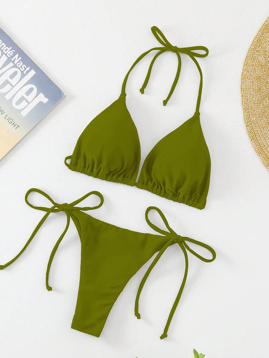 Apricot plain halter triangle bikini swimwear set with tie back top and low waist tie side thong bottom for women
