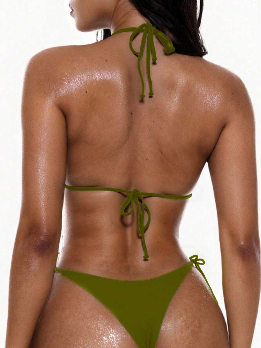 Apricot plain halter triangle bikini swimwear set with tie back top and low waist tie side thong bottom for women