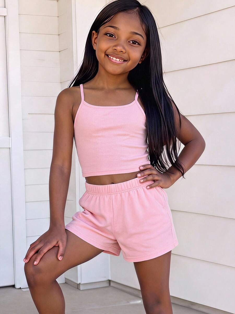 Tween girls summer 2-piece Hawaiian style outfit featuring a graphic print spaghetti strap camisole top with contrast piping and matching casual shorts.