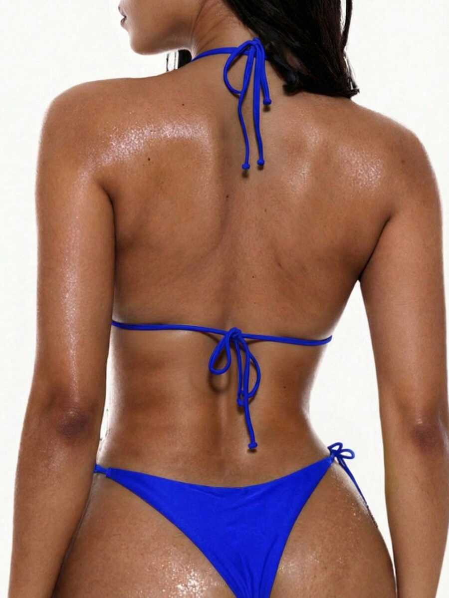 Apricot plain halter triangle bikini swimwear set with tie back top and low waist tie side thong bottom for women
