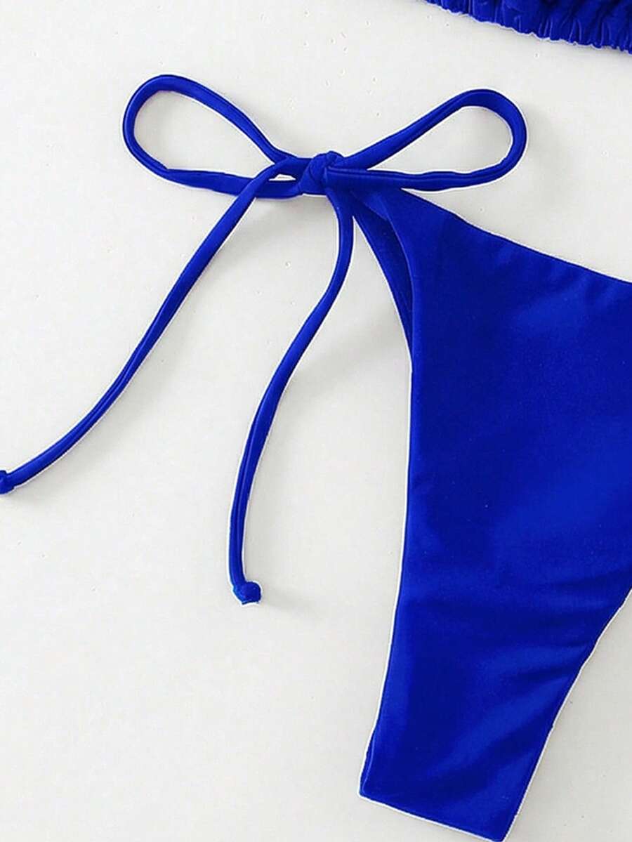 Apricot plain halter triangle bikini swimwear set with tie back top and low waist tie side thong bottom for women