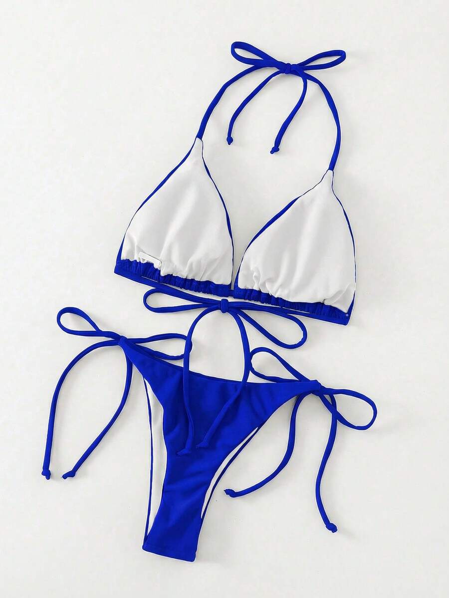 Apricot plain halter triangle bikini swimwear set with tie back top and low waist tie side thong bottom for women